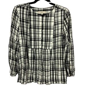 Loft Plaid Long Sleeve Peasant Blouse Medium Black White